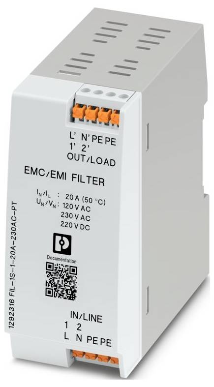 EMC/EMI-Filtergerät mit 20A, 120V AC, 230V AC und 220V DC Eingang, mit beschrifteten Anschlußpunkten für IN/LINE und OUT/LOAD.