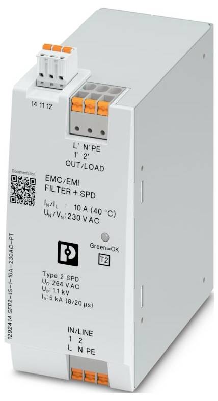 Ein weißes EMC-/EMV-Filtergerät mit Überspannungsschutz, das gekennzeichnete Ein-/Ausgangsklemmen, Statusanzeige und Spezifikationen für Spannung und Stromstärke aufweist.