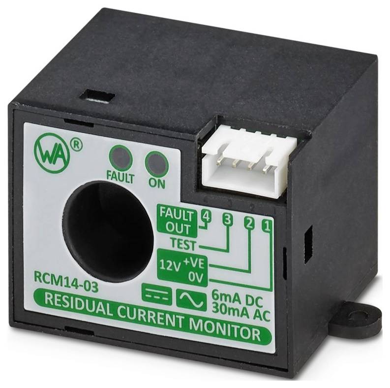 'RCM14-03 Residualstromwächter' Gerät zur Erkennung elektrischer Fehler, mit beschrifteten Anschlüssen und Statusanzeigen.