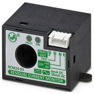 'RCM14-03 Residualstromwächter' Gerät zur Erkennung elektrischer Fehler, mit beschrifteten Anschlüssen und Statusanzeigen.