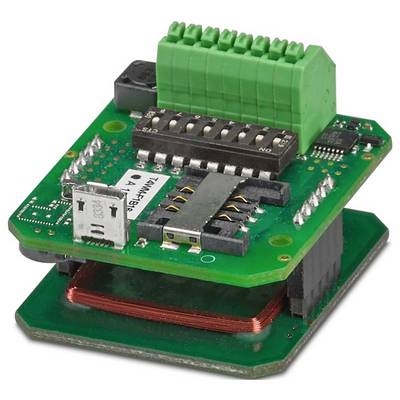 Ein gestapelter Leiterplattenaufbau mit Micro-USB-Anschluss, grünem Klemmblock und Mikrochip. Die Komponenten deuten auf eine elektronische Steuerungsanwendung hin.