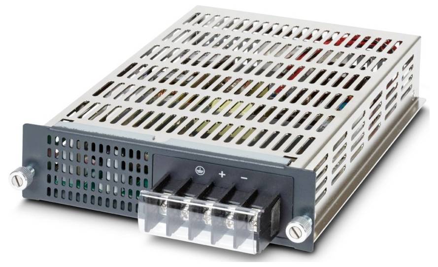 Ein graues Metallnetzteil mit belüftetem Gehäuse und vier Anschlussklemmen an der Vorderseite für die elektrische Verdrahtung.