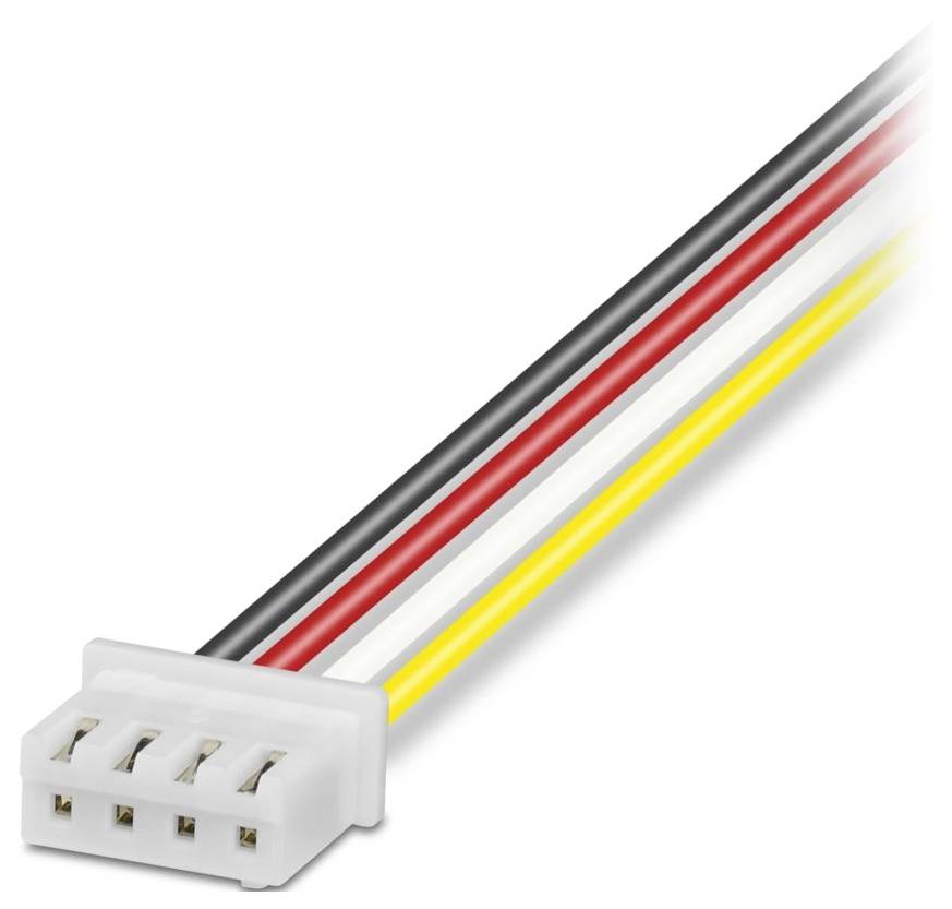 Vierpoliger Stecker mit schwarzem, rotem, weißem und gelbem Draht, der für elektrische Verbindungen verwendet wird.