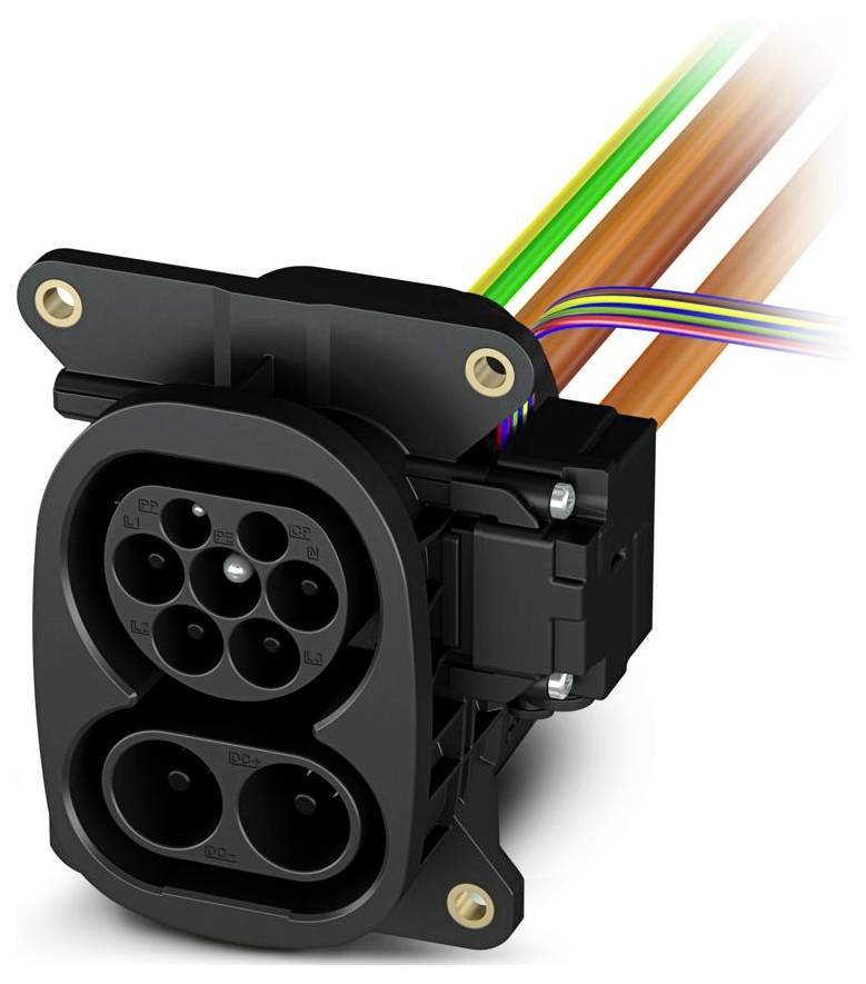 Ein schwarzes isoliertes Kabel mit einem Metallstecker an einem Ende ist in vier abisolierte Drähte in den Farben Schwarz, Braun, Weiß und Blau aufgeteilt.