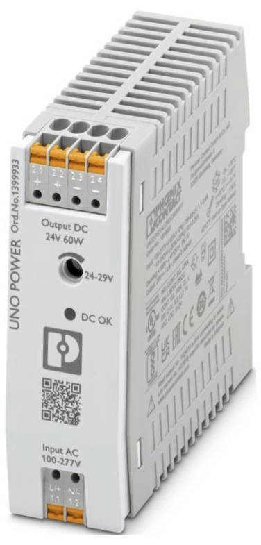 "UNO POWER"-Modul mit Ausgangsleistung DC 24V 60W, Eingangsspannung AC 100-277V, mit Etikett und Garantiedetails auf der Seite.