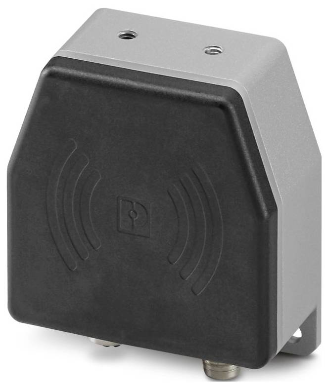Ein kleines, schwarzes, rechteckiges elektronisches Gerät mit einem Schlüsselsymbol und WLAN-Signalmarkierungen auf seiner Oberfläche, möglicherweise ein RFID-Lesegerät.