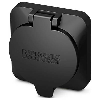 Eine schwarze, quadratische, angelenkte Abdeckung für eine elektrische Steckdose mit dem auf der Vorderseite geprägten Logo „Phoenix Contact".