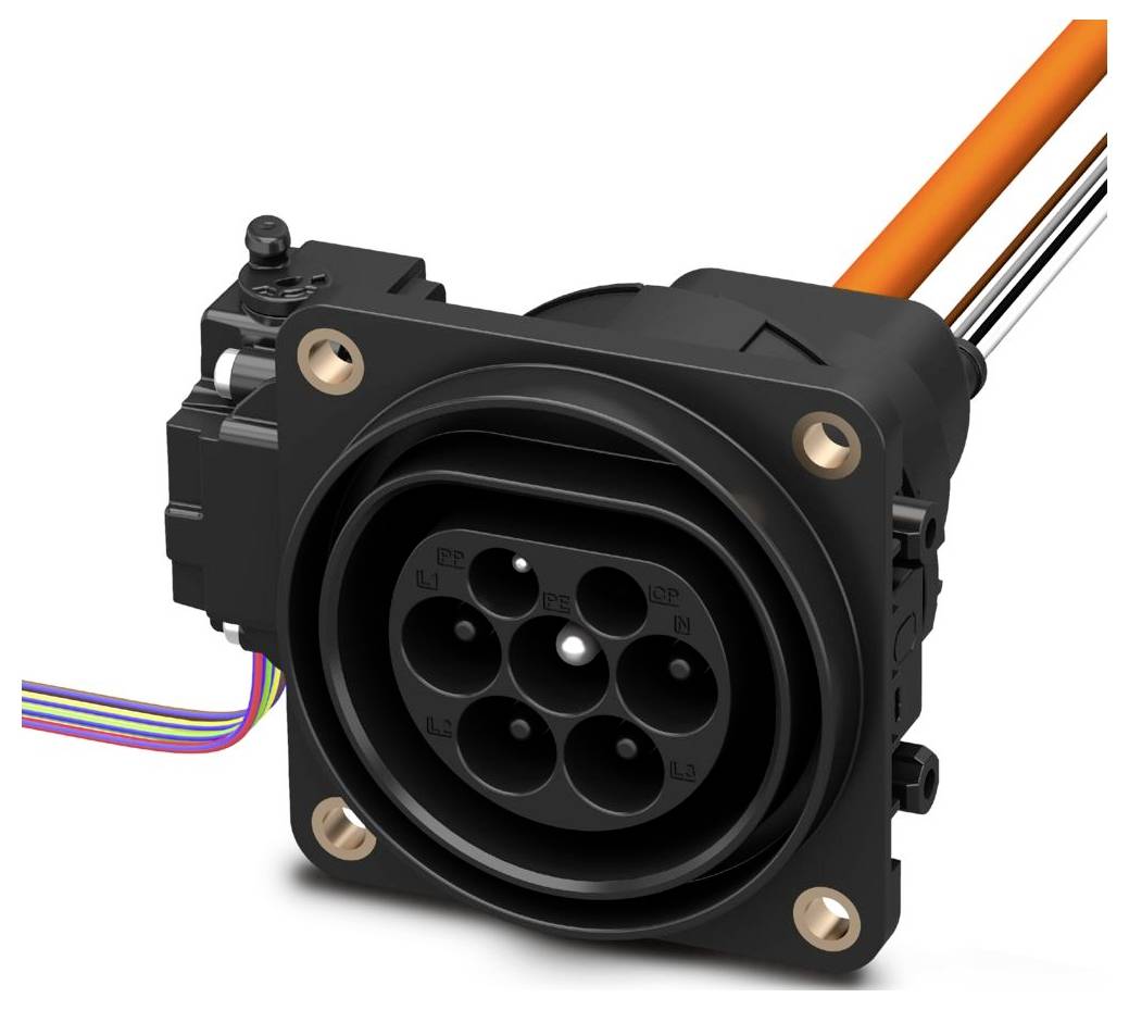 Ein Elektrofahrzeug-Ladestecker mit schwarzem Gehäuse und mehreren kreisförmigen Steckplätzen für Stifte, angebracht an farbigen Drähten.