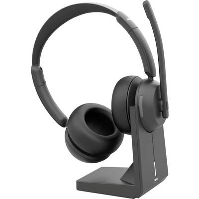 Ein schwarzes drahtloses Headset mit Mikrofon liegt auf einer Ladestation. Das Headset verfügt über gepolsterte Ohrmuscheln und einen flexiblen Mikrofonarm.