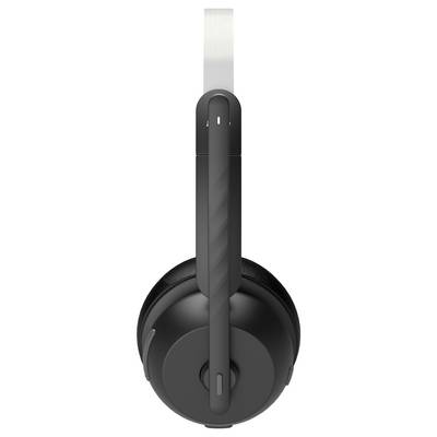 Schwarze Kopfhörer mit verstellbarem Bügel, von der Seite betrachtet.