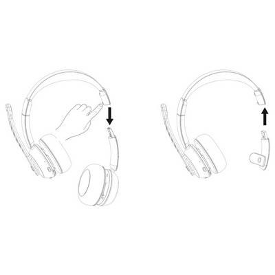 Diagramm zeigt ein Kopfhörer-Ohrmuschel-Kabel, das mit einem Stecker verbunden und getrennt wird, mit Pfeilen, die das Einführen und Entfernen anzeigen.