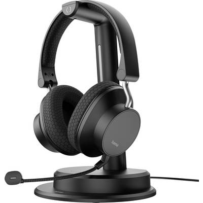 Schwarze Over-Ear-Kopfhörer mit einem Mikrofon, die auf einem Ständer ruhen.