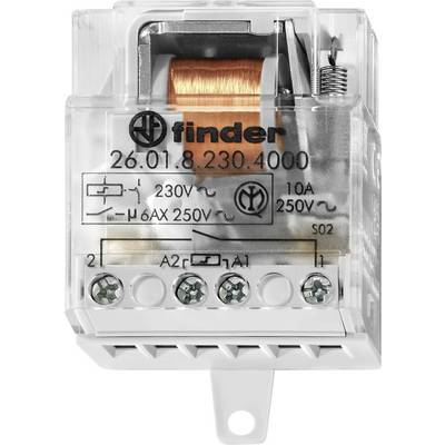 Transparente elektromechanische Relais mit sichtbarer Spule im Inneren. Beschriftet mit '230V', '6AX 250V~' und '10A 250V~'. Modellnummer 26.01.8.230.4000.