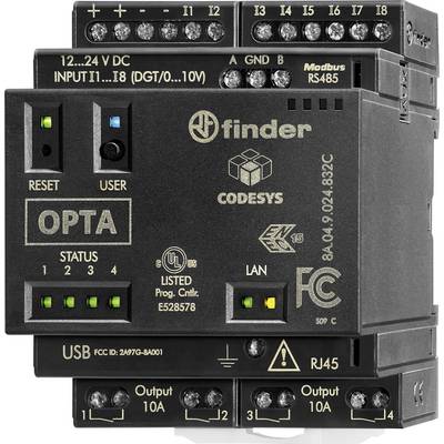 'Finder OPTA' Steuermodul mit Status-LEDs, USB, RJ45-Anschlüssen, Modbus RS485 und beschrifteten Eingängen für 12-24V DC.