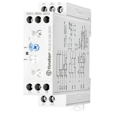 Finder-Relais-Timer-Modell 83.02.0.240.0000 mit mehreren Eingangs-/Ausgangsklemmen, Schaltplan und Spezifikationen auf seiner Oberfläche.