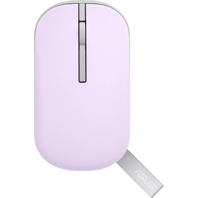 Eine pinke Computermaus mit stromlinienförmigem Design und sichtbarem silbernem Scrollrad. An ihrer Seite ist ein grauer Anhänger mit einem Logo befestigt.