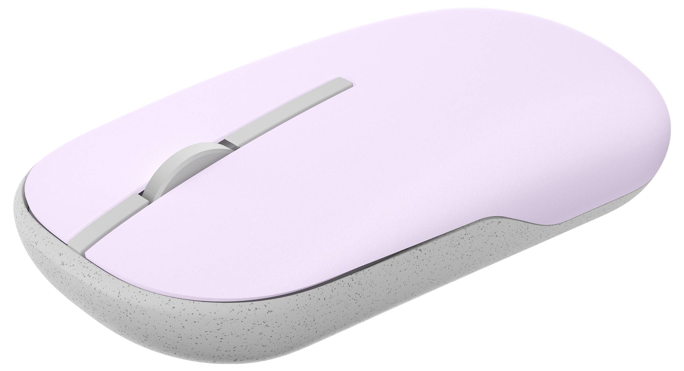 Eine schlanke, moderne Computermaus in zartem Rosa mit einem grauen Scrollrad und Sockel, entwickelt für ergonomisches Handling.