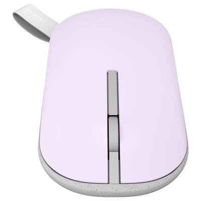 Eine rosa drahtlose Computermaus mit Scrollrad und Stoffschlaufe, die ein minimalistisches Design aufweist.