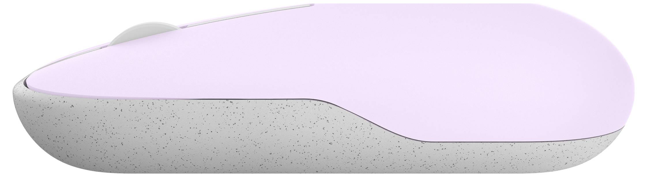 Schlanke, hellrosa kabellose Computermaus mit gesprenkeltem grauem Boden, entwickelt für ergonomischen Komfort und präzise Navigation.