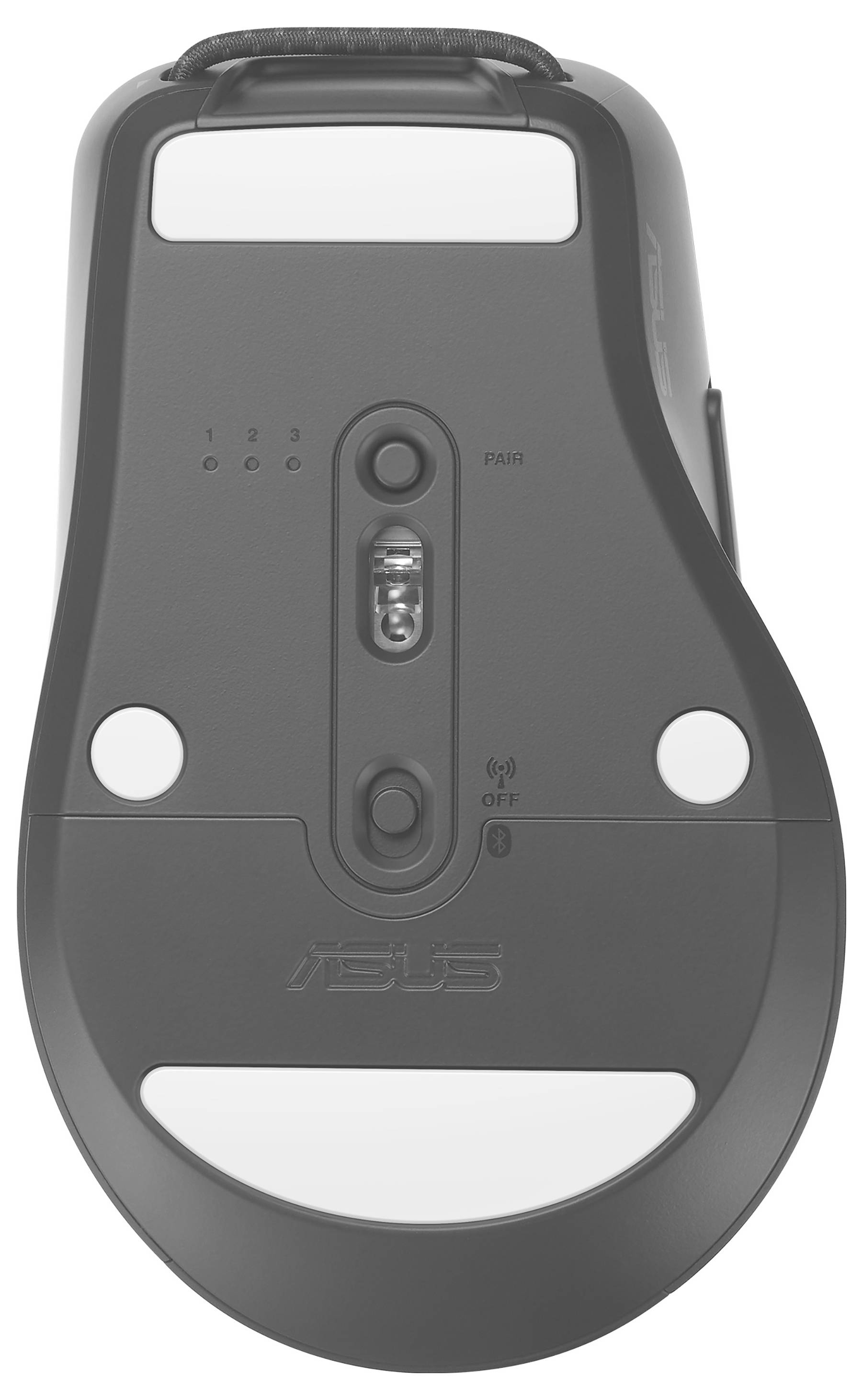 Unterseite einer Computermaus mit Sensor, Netzschalter in der Mitte und drei Gleitpads für reibungslose Bewegung.