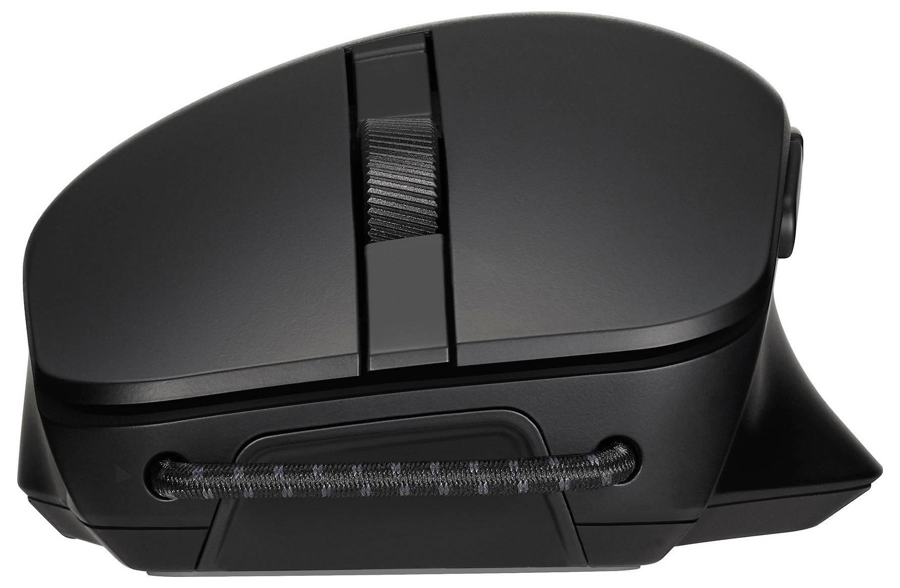 Eine schwarze Computermaus mit ergonomischem Design, ausgestattet mit einem Scrollrad und Tasten auf der Oberseite, die für komfortable Nutzung entwickelt wurde.