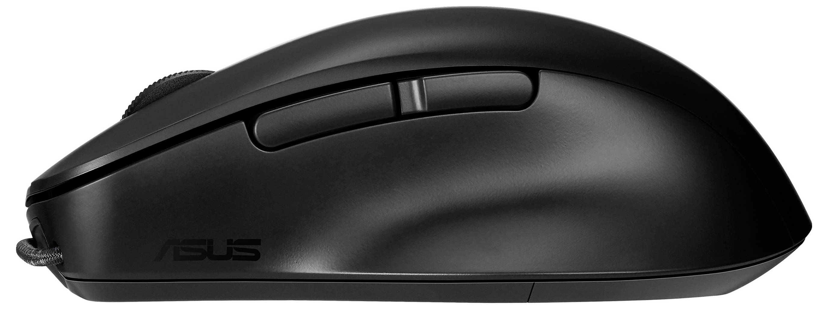 Eine schwarze, ergonomische Computermaus mit zwei Seitentasten und einem Scrollrad, an der Seite mit der Marke 'ASUS' versehen.