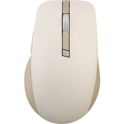 Eine beige kabellose Computermaus mit einem Scrollrad liegt auf einer Oberfläche.