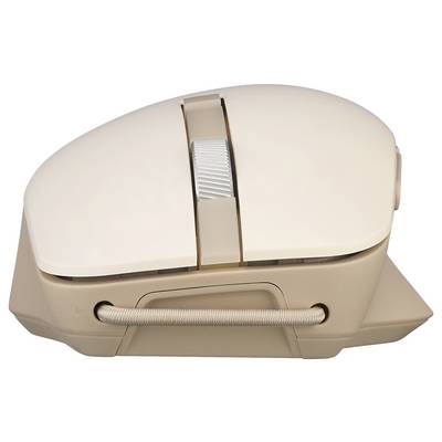Eine beige Computer-Maus mit einem vertikalen Scrollrad, ergonomischem Design und um die Basis gewickeltem Kabel zur Aufbewahrung.