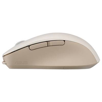 Eine beige Computermaus mit elegantem Design und zwei seitlichen Tasten, auf der seitlich das ASUS-Logo angebracht ist.
