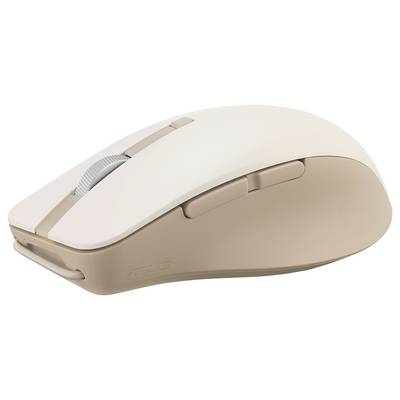 Eine beige kabellose Computermaus mit Scrollrad und zwei seitlichen Tasten, die für ergonomisches Arbeiten entwickelt wurde.