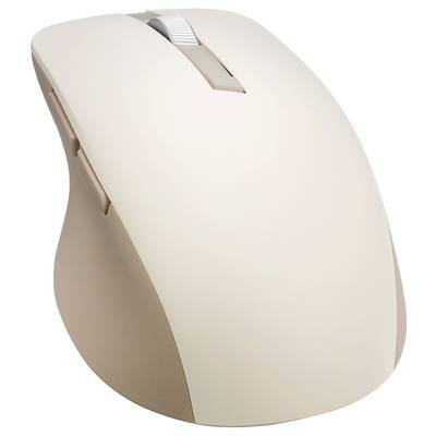 Eine beige Computermaus mit einem Scrollrad und zwei Tasten, diagonal auf einem schlichten Hintergrund positioniert.