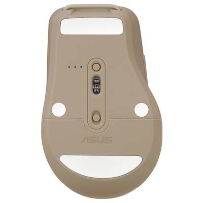 Eine beige Computermaus mit sichtbarem Sensor, Scrollrad und Markenlogo.