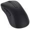 Eine schwarze kabellose Computermaus mit zwei seitlichen Tasten und einem Scrollrad, die für ergonomische Nutzung entwickelt wurde.