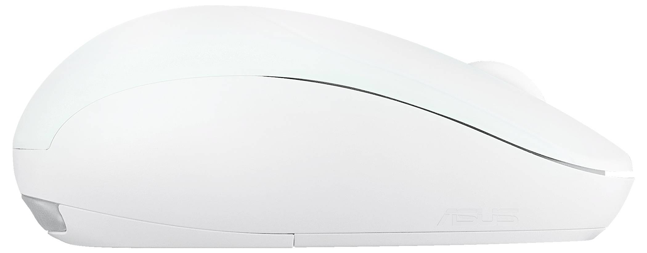 Eine schlanke, weiße kabellose Computermaus, von der Seite betrachtet, mit minimalistischem Design und weichen Konturen.