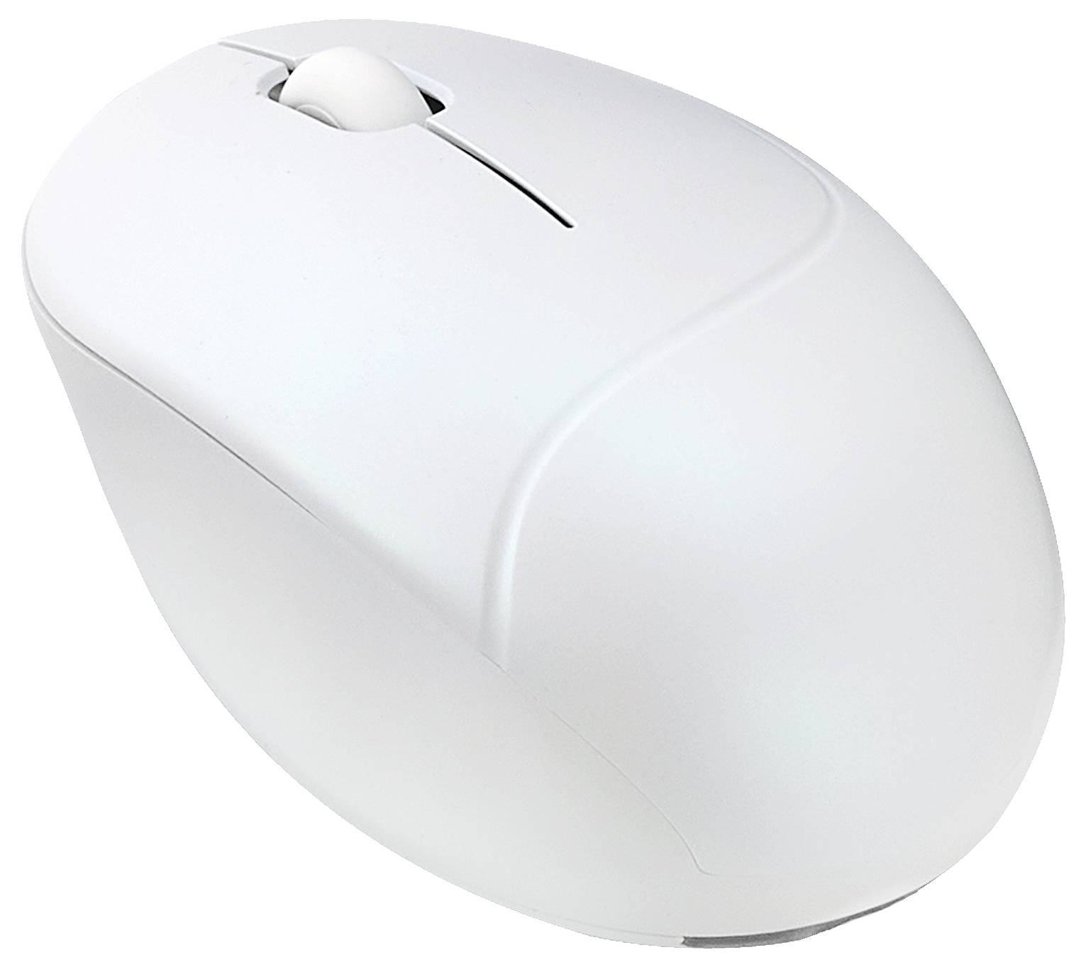 Eine weiße Computermaus mit einem Scrollrad, von oben aufgenommen, vor einem schlichten weißen Hintergrund.