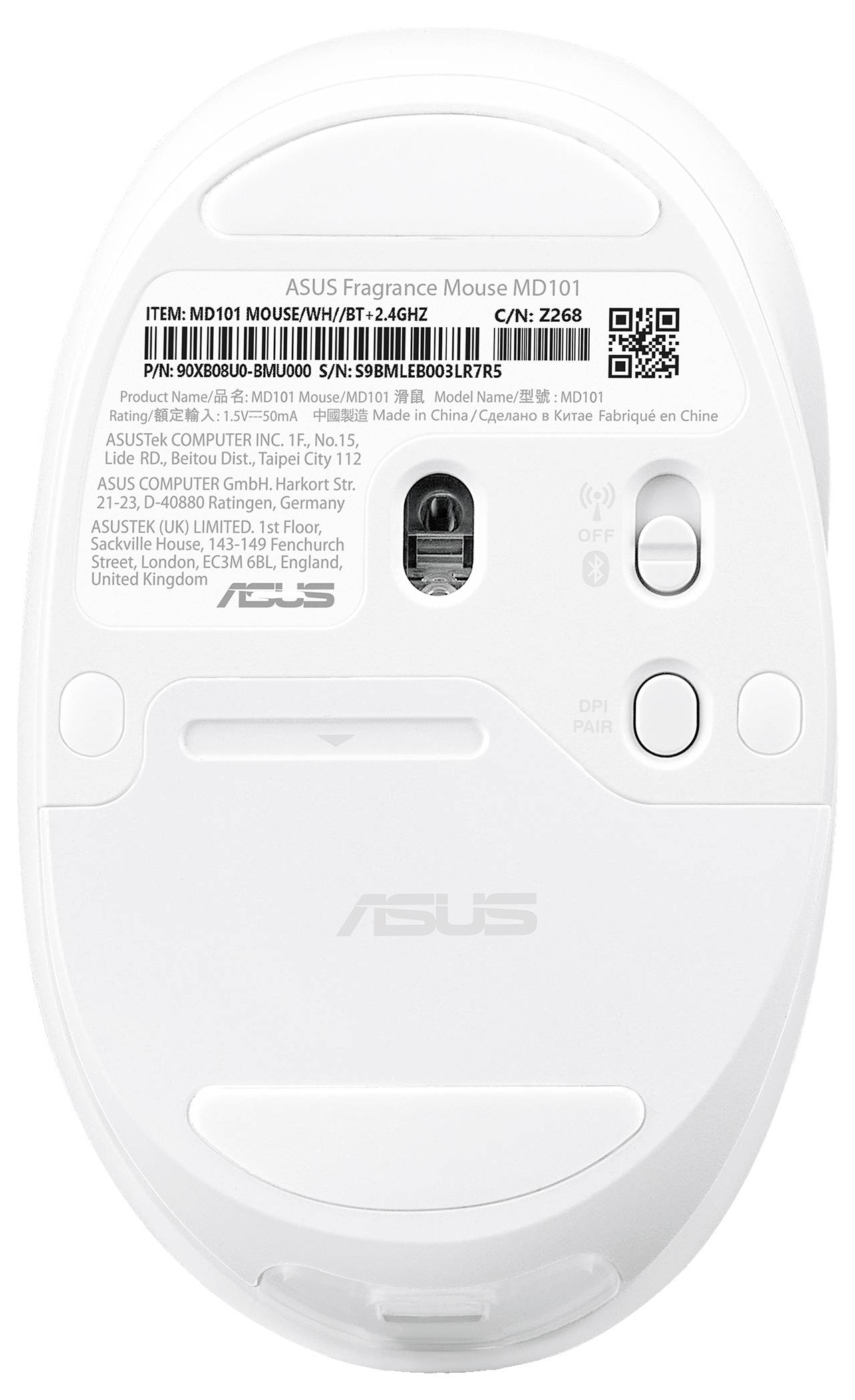 ASUS Fragrance Mouse MD101 Basisansicht mit Modellnummer, Seriennummer, Sensor, Netzschalter und Batteriefach.
