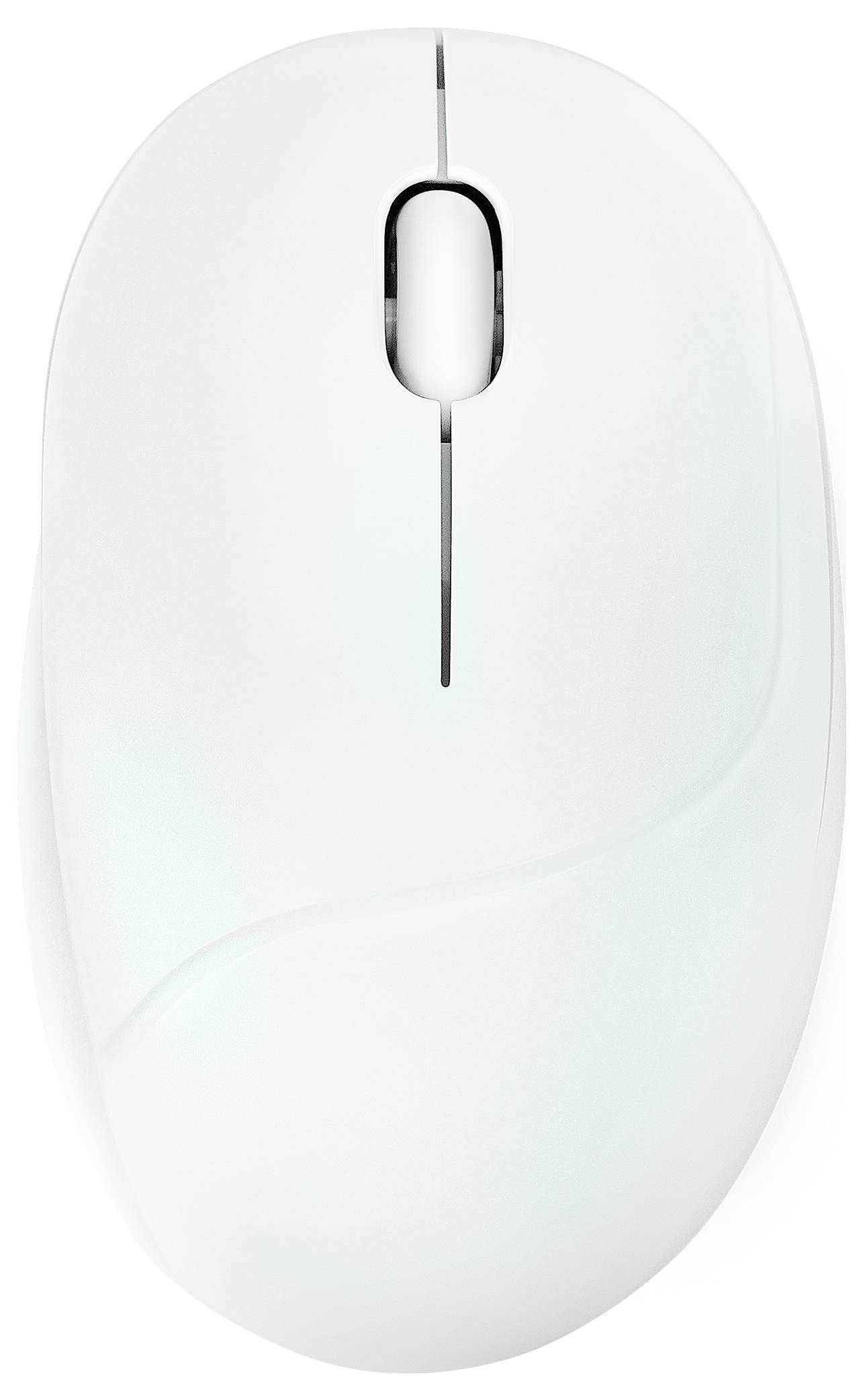 Eine weiße Computermaus mit einem vertikalen Scrollrad wird aus einer Draufsichtsperspektive gezeigt.