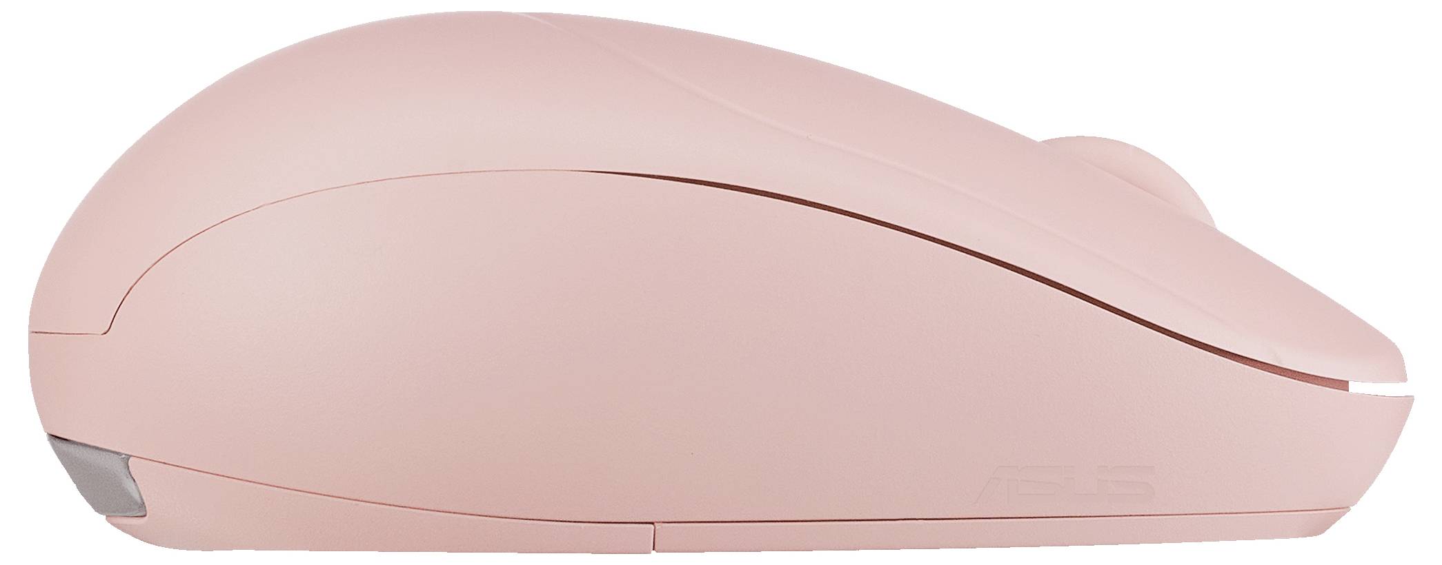 Eine rosa Computermaus in Seitenansicht, mit einem schlanken und modernen Design.