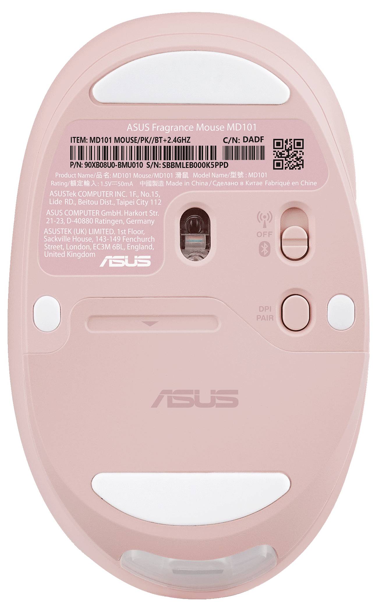 Die Unterseite einer rosa ASUS-Maus zeigt das Modell MD101 mit einem Lasersensor, DPI-Taste und Batteriefach.