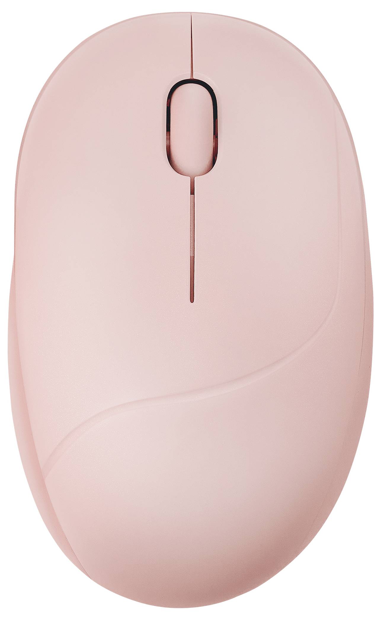 Eine rosa kabellose Computermaus mit einem Scrollrad, von oben betrachtet.