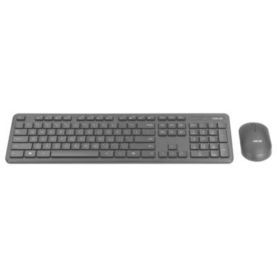 Eine schwarze drahtlose Computertastatur und Computermaus mit minimalistischem Design, beide mit ASUS-Logos versehen, auf einem weißen Hintergrund präsentiert.