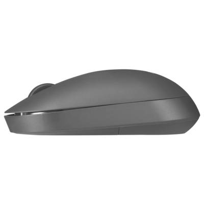 Eine schlanke, graue kabellose Computermaus, von der Seite gezeigt, die ihr glattes, ergonomisches Design hervorhebt.