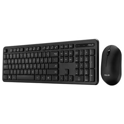 Eine schwarze ASUS Wireless-Tastatur und -Maus mit Standardlayout und Nummernblock.
