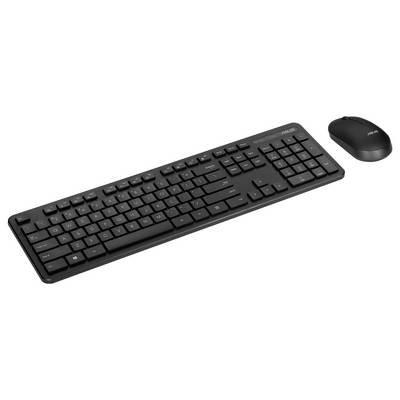 Eine schwarze kabellose Tastatur und Maus-Set, die auf weißem Hintergrund platziert sind. Die Tastatur hat eine Standardanordnung und die Maus ist kompakt.