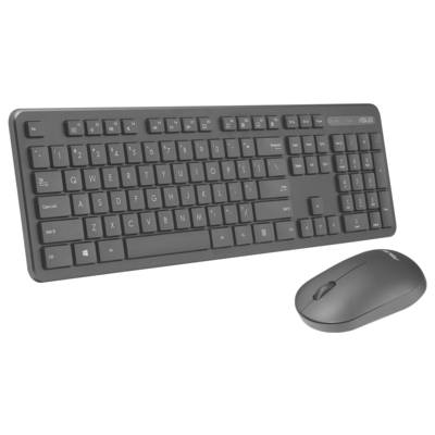 Eine schwarze kabellose Tastatur und Maus auf einem weißen Hintergrund. Die Tastatur verfügt über ein Standardlayout in voller Größe mit Multimediatasten.