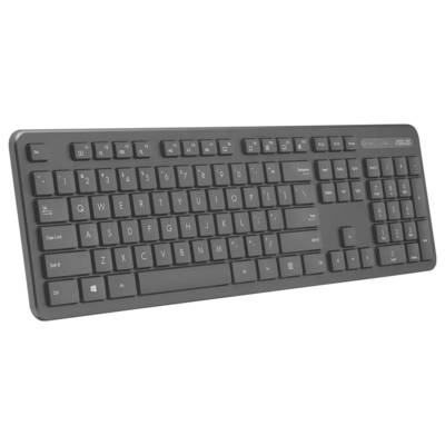 Eine schwarze Computertastatur mit alphabetischen, numerischen und Funktionstasten. Sie verfügt über einen Ziffernblock auf der rechten Seite.