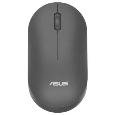 Eine schlanke, graue drahtlose Computermaus mit einem Scrollrad, die das Asus-Logo auf ihrer Oberfläche trägt, von oben betrachtet.