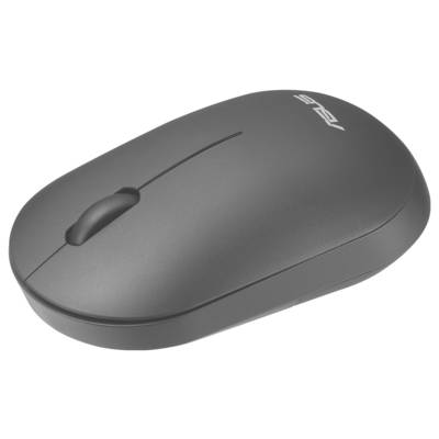 Eine graue kabellose Computermaus mit einem Scrollrad, die das Asus-Logo auf der Oberseite trägt.