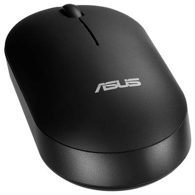 Eine schwarze drahtlose Computermaus mit Scrollrad, auf der oben das 'ASUS'-Logo angebracht ist.