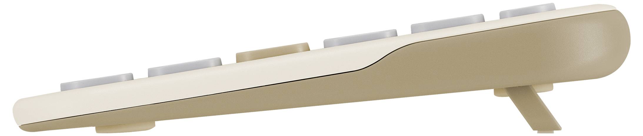 Seitenansicht einer beigen Tastatur mit erhöhten Tasten und einem kleinen Stützständer, was auf ein ergonomisches Design hinweist.